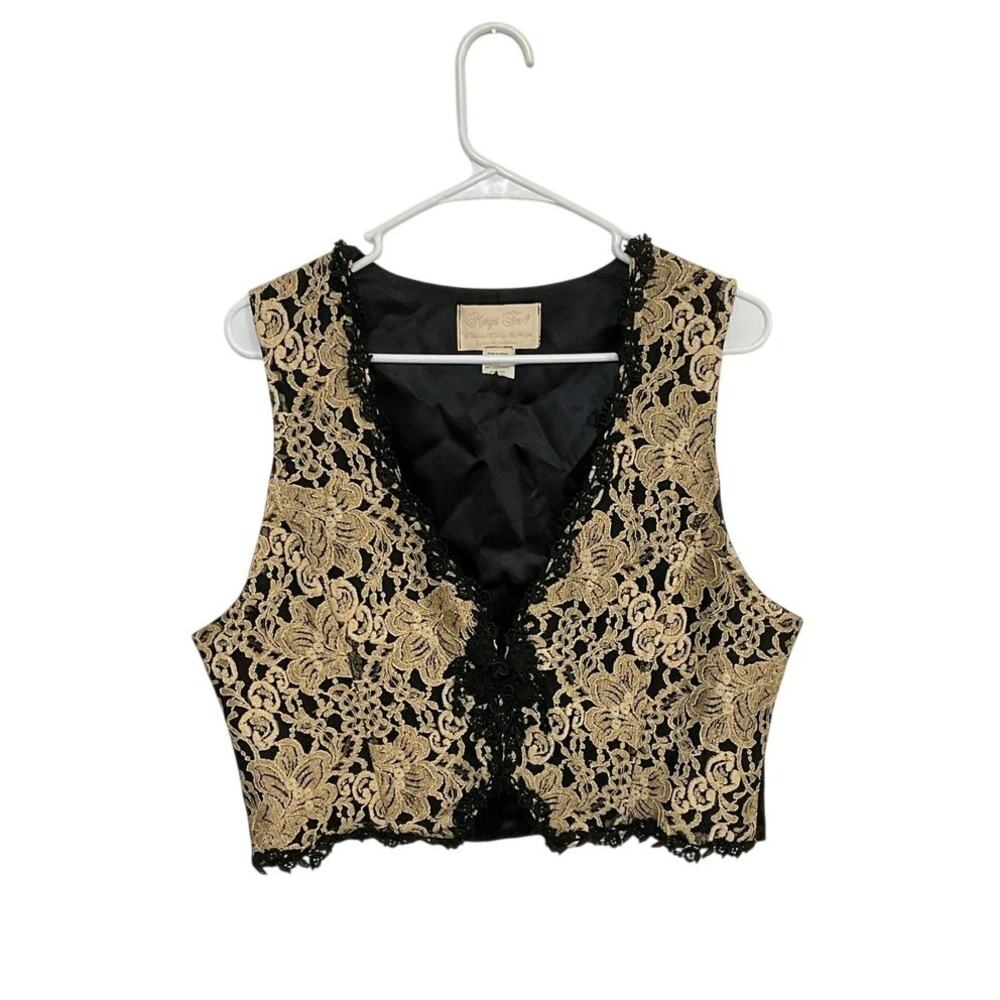 Rare VTG 90s Lace Cream/Black Vest Women's Size Medium Frog Closure Satin Back